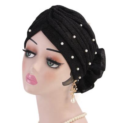 China Fashion Beading Hot Sale Ladies Glitter Chemo Stretchy Flower Turban Custom Made Beanie Women Turban for sale