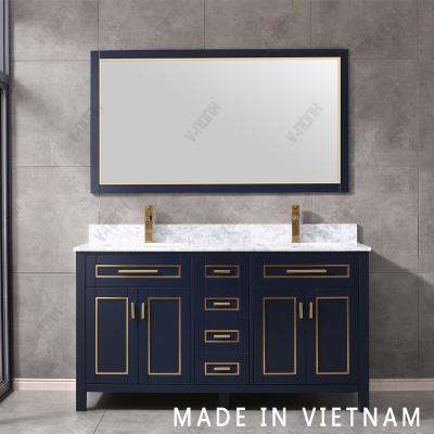 China New Navy Blue Modern Cabinet Style 60inch Solid Wood Made In Vietnam Bathroom Vanity Double Sink for sale