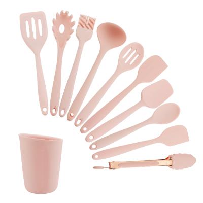 China Sustainable Factory Wholesale Kitchen Utensils 11 Pieces Set Pink Silicone Heat Resistant Cooking Kitchenware for sale