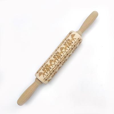 China 2022 Viable New Sale Fondant Wood Textured Christmas Rolling Embossing Pin Pattern Cookie Mold Pin Embossed Rolling Pin Wooden for sale