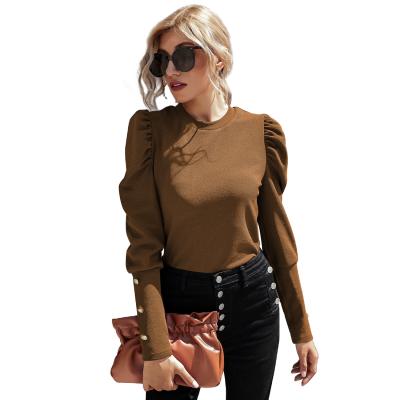 China Autumn anti-pilling women's anti-pilling elegant round collar T-shirt polyester temperament thin sweater long sleeve for sale