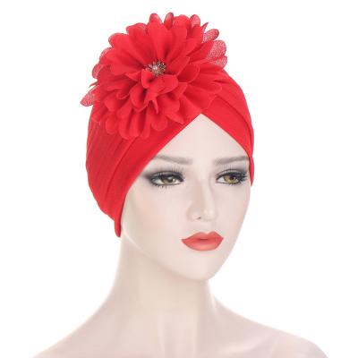 China Polyester Large Flower Turbans For Muslim Women Pleated Turban Hood Muslim Woman Ready To Wear Headwraps Covers Ladies Hair Loss Chemo Cap for sale