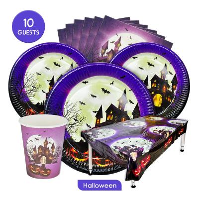 China Modern Pumpkin Castle Halloween Party Decoration 10 Guests Tableware Set Happy Halloween Disposable Paper Plates for sale