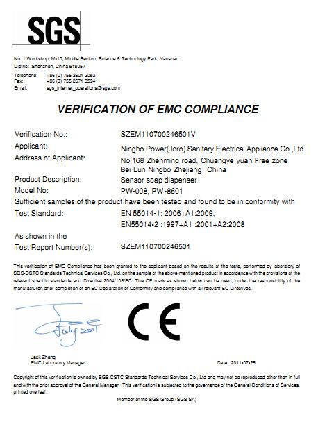 CE - Ningbo Power (Joro) Sanitary Electrical Appliance Co., Ltd.