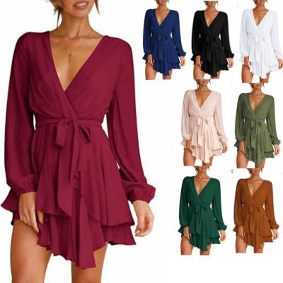 China 2022 Deep V Neck Fashion Women's Summer Mini Swing Skater Encanto Ruffle Ruffle Waistline Casual Anti-Wrinkle Long Sleeve Vestimenta for sale