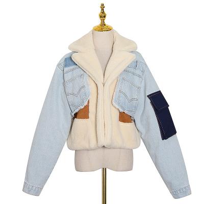 China Viable Wholesale Patchwork Lambswool Denim Jacket Cropped Women Winter Faux Fur Coat for sale