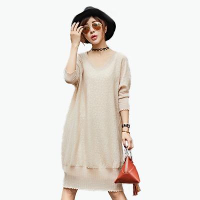 China QUICK DRY Breathable Plus Size Made In China Fashion Women's V Neck Long Sleeve Solid Color Dress Flowers Women Sweater Skirt Set for sale