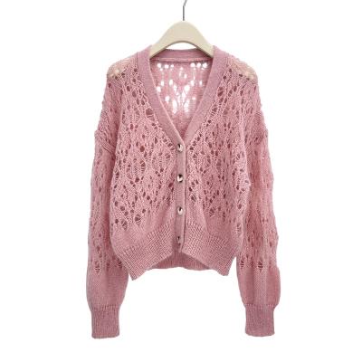 China Anti-wrinkle spring and autumn button down pink fleece hollow-out knit sweater women's top full-sleeve coat fancy pointelle sweater for sale