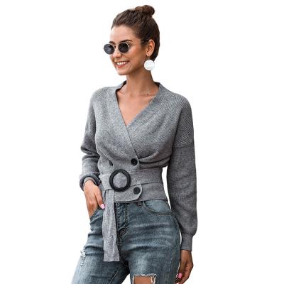 China Factory Wholesale Price QUICK DRY Breathable V-Neckline Concessions Plus Size Long Sleeve Belt Knitted Casual Shirt Women's Sweater for sale