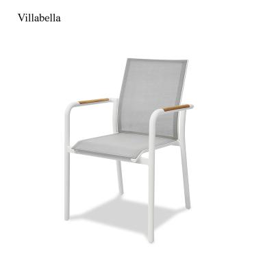 China Modern Aluminum Mesh Fabric Restaurant Furniture Sling Chair Garden Easy Carry Outdoor Chair With Teak Wood Armrest for sale