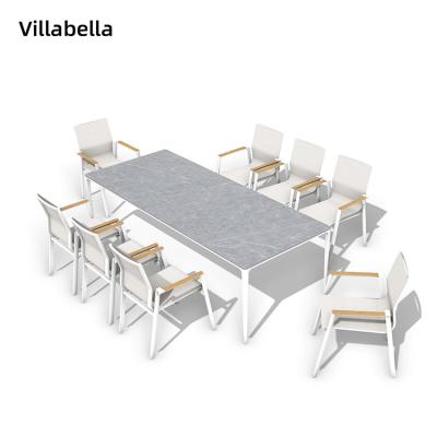 China Durable Material Wholesale Stackable Clamp Chair Aluminum Frame Garden Furniture Set RestauranOutdoor Dining Tables and Chairs for sale