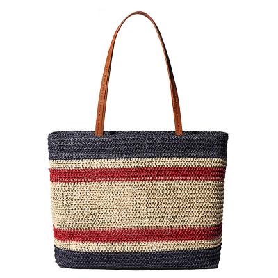 China 2022 PORTABLE New Fashion Striped Designer Luxury Women's Straw Woven Large Beach Tote Bag Tote Shoulder Shopping Handbag for sale