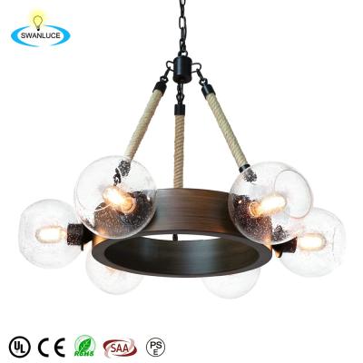 China Rustic Seeded Glass Globes Covers Rustic 6-Light Metal Pendant Light Fixture For Dining Room Farmhouse Chandelier for sale