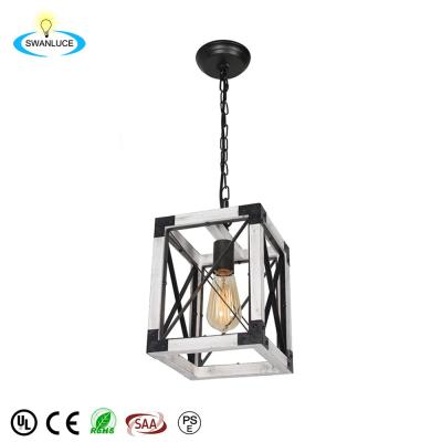 China Rustic Modern Farmhouse Square Cage Lighting Metal Industrial Small Corridor Wood Kitchen Island Hanging Pendant Light for sale