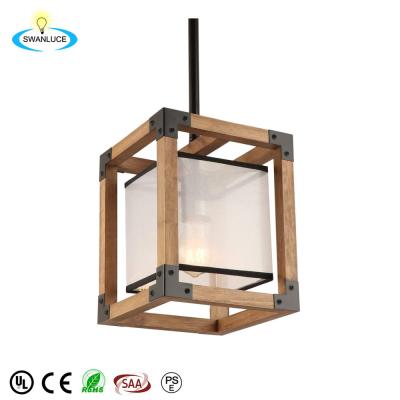 China Edison Modern Indoor Industrial Rustic Hanging Light Fixture Wood Frame with Fabric Shade Farmhouse Pendant Light for Kitchen for sale