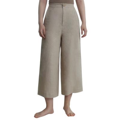 China QUICK DRY Soft High Waist 100%Linen Wide Leg Pants Elastic Band With Button Closure Design Casual Loose Pants for sale