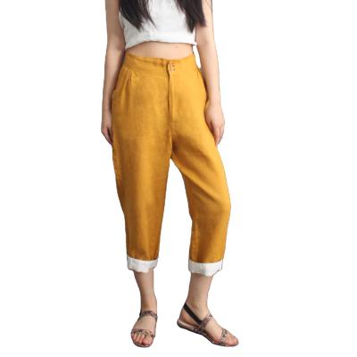 China Fashion Direct 100% Linen Anti-wrinkle Linen Women's Mid Waist Pleated Edge Crop Pants Fashion Direct Pants Cargo Elastic Waist Comfort for sale