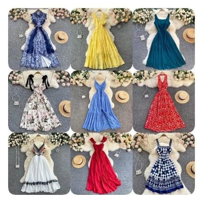 China Anti-wrinkle factory wholesale low price European and American summer printing dress bow tie link at a new with loose bubble sleeve waist skirt for sale