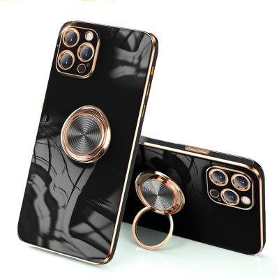 China Luxury Gorgeous Luxury Plating TPU Cover, For iPhone 13 12 pro Max Mini Phone Square Soft Case and Ring Holder Stand Case for sale