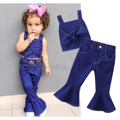 China Amazon summer casual girls sportswear fashion trend bow flared jeans denim suit for sale