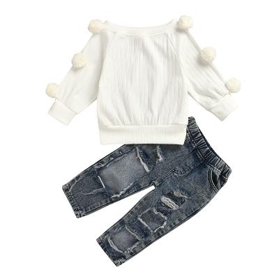 China Amazon Casual Girls' 2020 Winter Autumn Cotton Knitted Full Wool Pompom + Ripped Denim Pants Clothing Set for sale