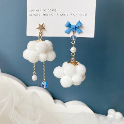 China Cute Female White Asymmetrical Fashion Cloud Plush Soft Jewelry Ball Paint Blue Bow Earrings for sale