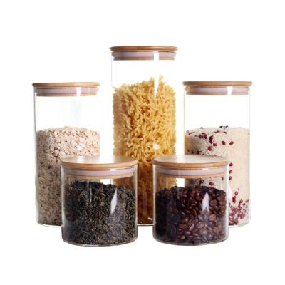 China Modern Canister Set of 5 Kitchen Storage Glass Jars Airtight Bamboo Lid Canisters Glass Canister Set for sale