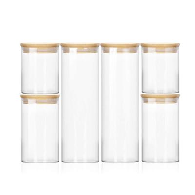 China New Modern Design Borosilicate Kitchen Food Glass Storage Jars Set Bamboo Lid Glass Jar Packaging Food for sale