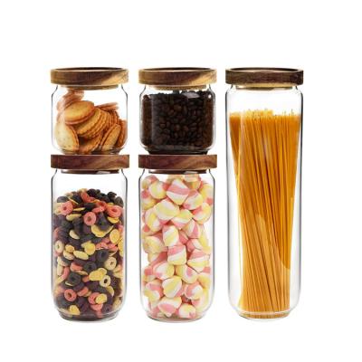 China Modern Glass Food Storage Jar With Acacia Wood Lid Jars Food Grade Glass Wood Lid for sale