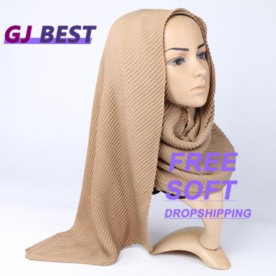 China Solid color elegant muslim simple cotton turban lady hijab canvas pleated women ruffle scarf shawl malaysia headscarf 2021 spring summer for sale