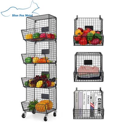 China 4-Tier Metal Wire Locker Wall Mount Storage Basket Viable Organizer Bin with Wheels Boards Stackable Hanging Fruit Basket for sale