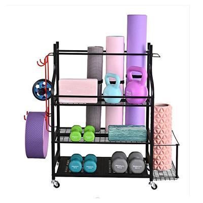 China European Style Yoga Mat Storage Organizer Home Gym Rack with Hooks and Wheels for Dumbbell Kettlebells Yoga Balls Roll Towel R for sale