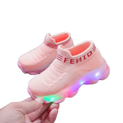 China Breathable Kids Baby Sneakers Boys Boys Letters Mesh Running Sneakers Light Infant Shoes Led Luminous Socks Sport for sale