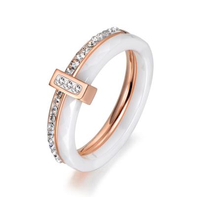 China CLASSIC Fashion Black/White Ceramic Girls Rose Gold Stainless Steel Ring Crystal Wedding Rings Jewelry For Women for sale