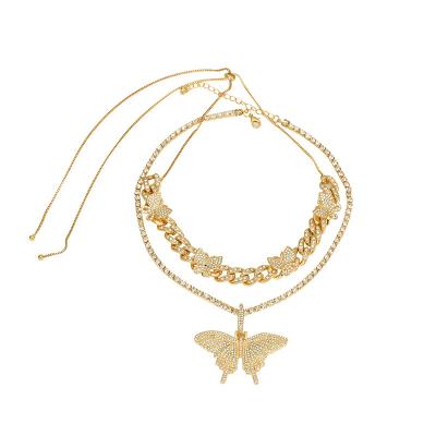 China Trendy Hot Sell Fashion Alloy Necklace Full Diamond Cuban Necklace Gold Plated Butterfly Necklace for sale