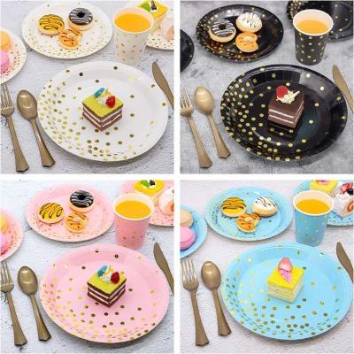 China Disposable Plate Black Gold Rose Gold Polka DOT Paper Cup Tissue Tableware Set for sale