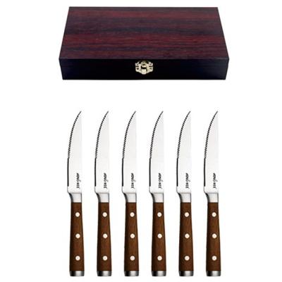 China Viable Hot Sale Accept Logo Customized Stainless Steel 4.5 Inch Serrated Steak Knife Set With Wood Handle for sale