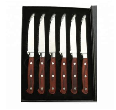 China Workable Factory Direct OEM Pakka Wooden Handle Triple Rivets 6 Piece Stainless Steel Serrated Steak Knife Set For Gift for sale