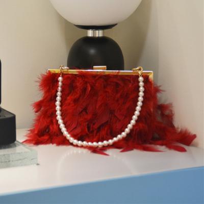 China Newest Wholesale Fashinable New Fire Chicken Feather Cross - Body Bag Women's Buckle Pearl Chain Fur Shoulder Dinner Bag for sale