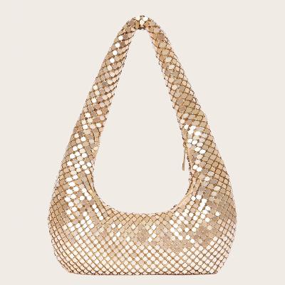 China Newest Fashinable Designer Silver Metal Mesh Ladies Shoulder Bag Women Luxury Shinny Bums Party Clip Sequins Crescent Evening Bags for sale