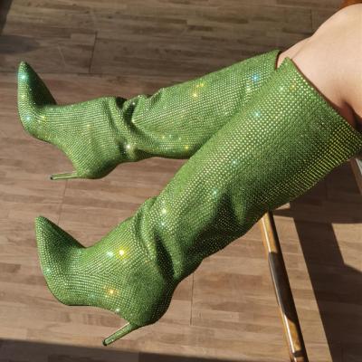 China Fashionable Winter Lightweight Pointed Toe Slip On With Diamond Shiny Women's Solid Stiletto Heel Green Handmade Long Knee Boots Long Boots for sale