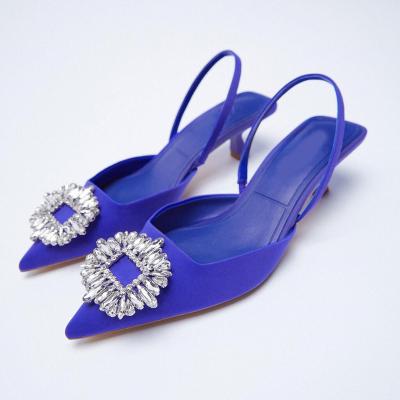 China Hot Wholesale Women's Fashion Trend Women's Sexy Blue Crystal Rhinestone Low Heels Ladies Wedding Shoes Thin Heels Sandals for sale