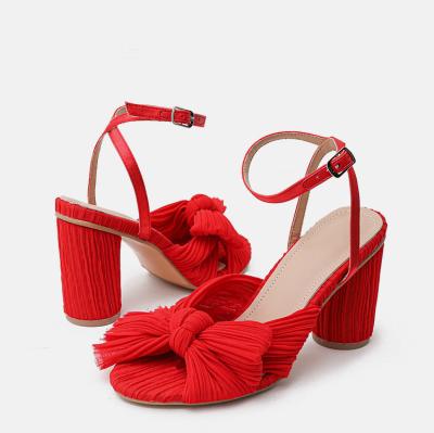 China Fashion Trend New Arrival Lace Sandals Chunky Heels Peep-Toe Pleated Bow-Knot Party High Heel Sandals For Women for sale