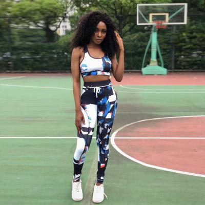 China Breathable Sports Style Womens 2 Piece Printed Workout Set Crop Top Tank Leggings Set Yoga Jogging Suit for sale