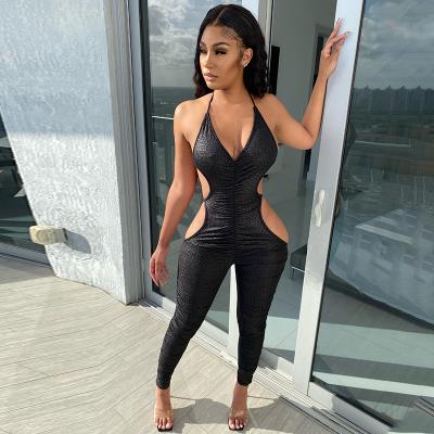 China Breathable Summer Crinkle Pleated Leather Overalls With Backless And Waist Sexy Women Overalls for sale