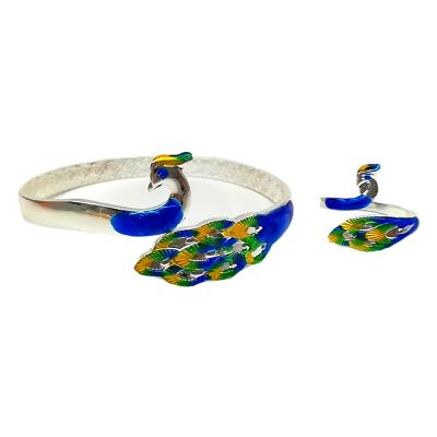 China Retro National Peacock Open Bangle Silver Color Cloisonne Bracelet for sale