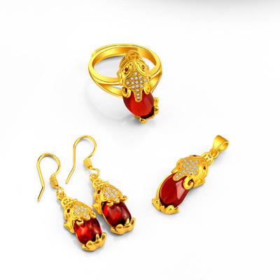 China Ethnic 18k Gold Plated Wholesale Women Jewelry Red Agate Troop Set Copper Brave Ring Pendant Earrings for sale