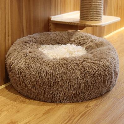 China Hot Sale Custom Made Luxury Round Faux Fur Plush Fluffy Memory Foam Dog Cat Beds for sale