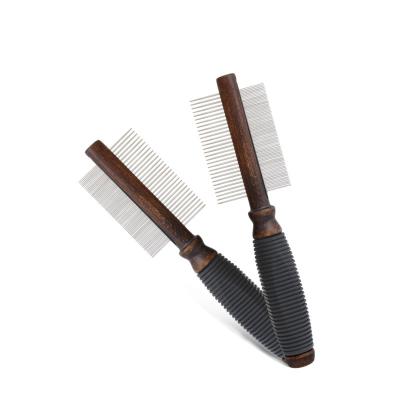 China Durable Luxury Double Row Stainless Steel Pet Grooming Comb With Solid Wood Non-Slip Handle for sale