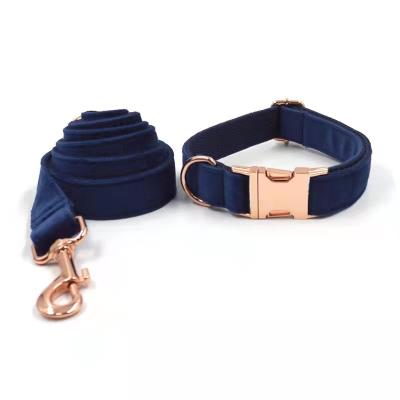 China BREAKPOINT Personalized Dark Blue Cotton Pet Collar Velvet Dog Collar Leash With Luxury Rose Gold Hardware for sale